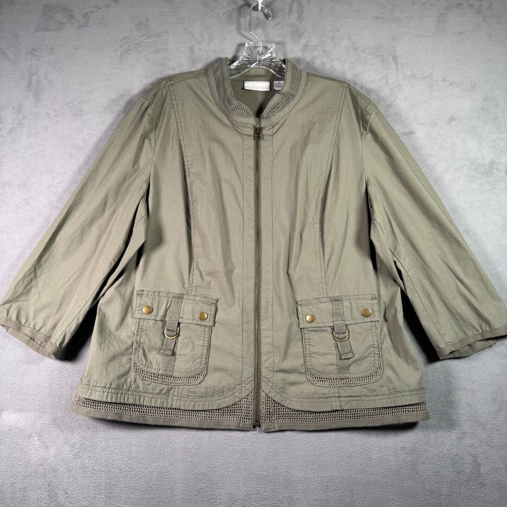 Chico's Jacket Womens L /3 Army Green Military Style Full Zip 3/4 Sleeve Utility